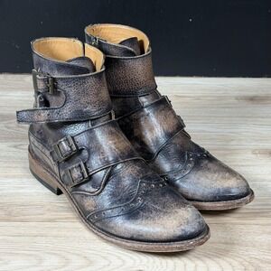 Freebird Penn Boots Mens 9 Brown Distressed Leather Buckle Ankle Zip Distressed